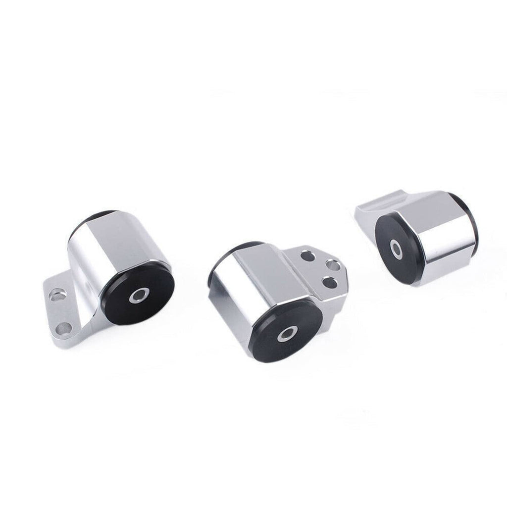 Silver engine mount bushings with black rubber inserts