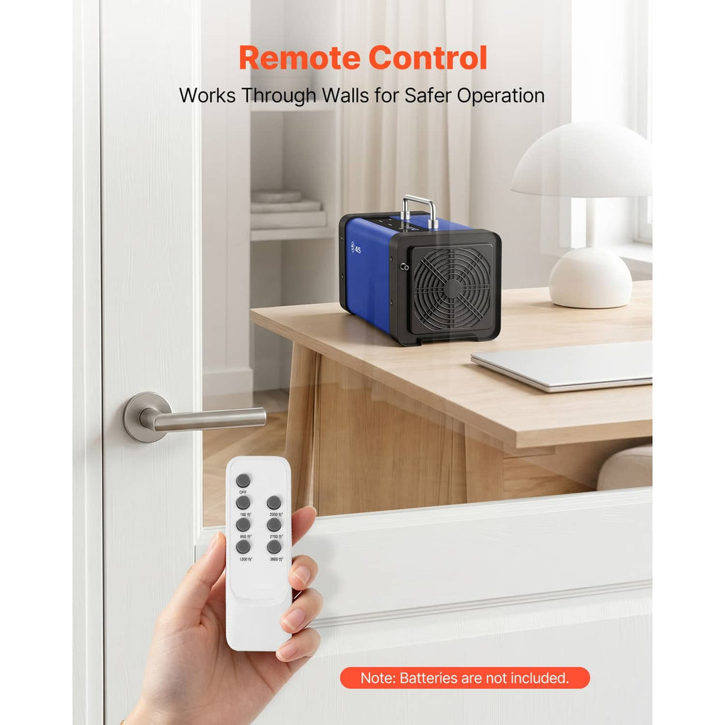 Blue ozone generator with remote control for wall-through operation and handheld remote