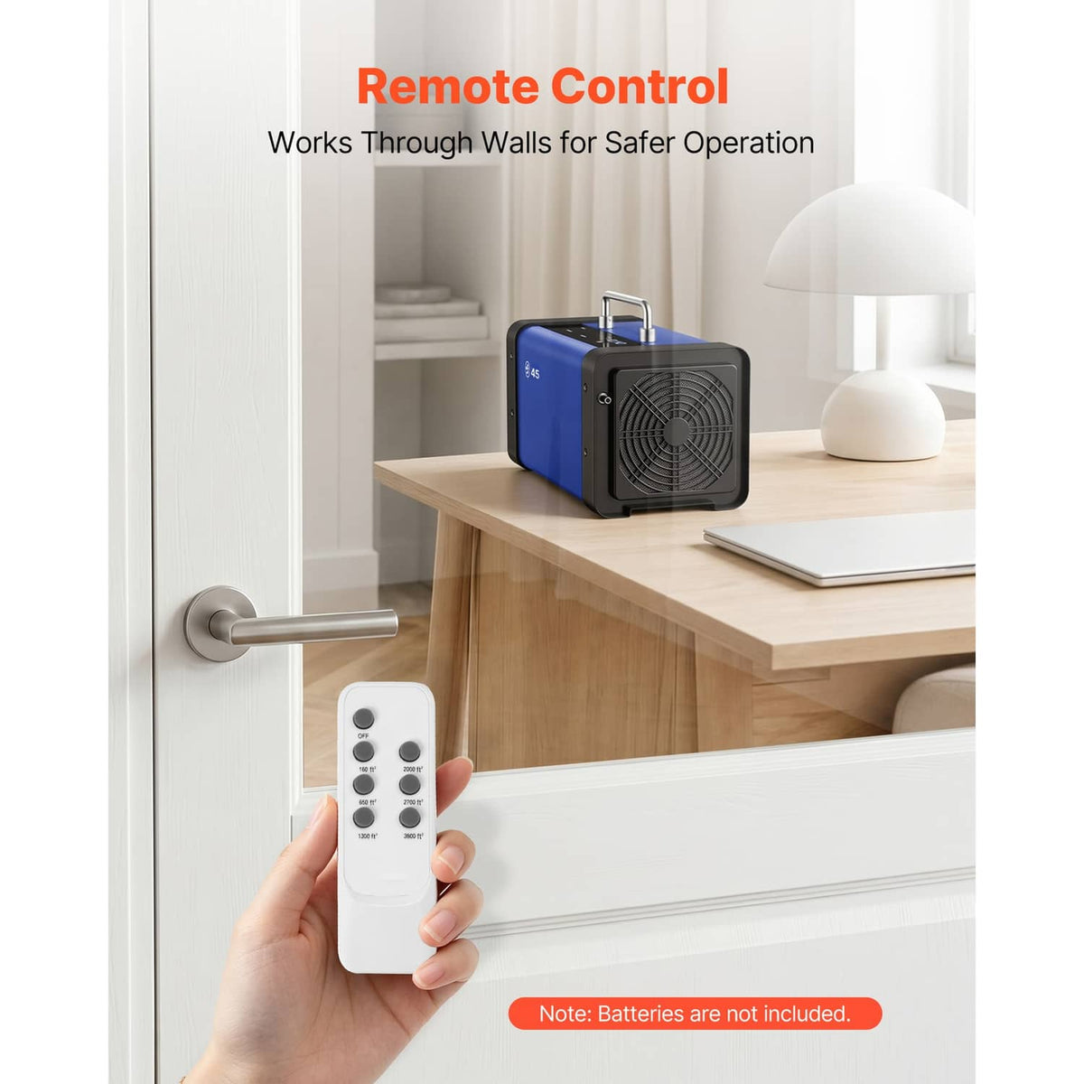 Blue ozone generator with remote control for wall-through operation and handheld remote