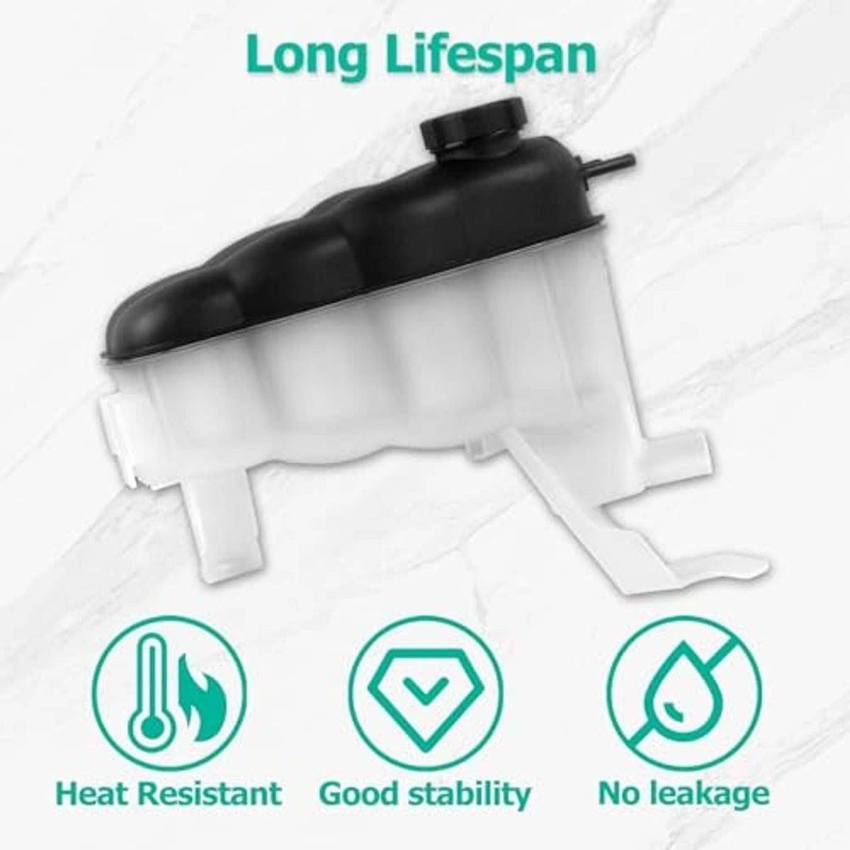 Coolant reservoir tank with black cap, translucent body, and outlet tubes