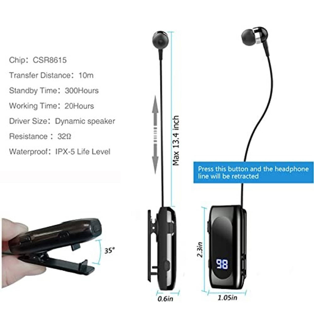 Retractable wireless earphone with black earbuds, retractable cable, and compact clip unit