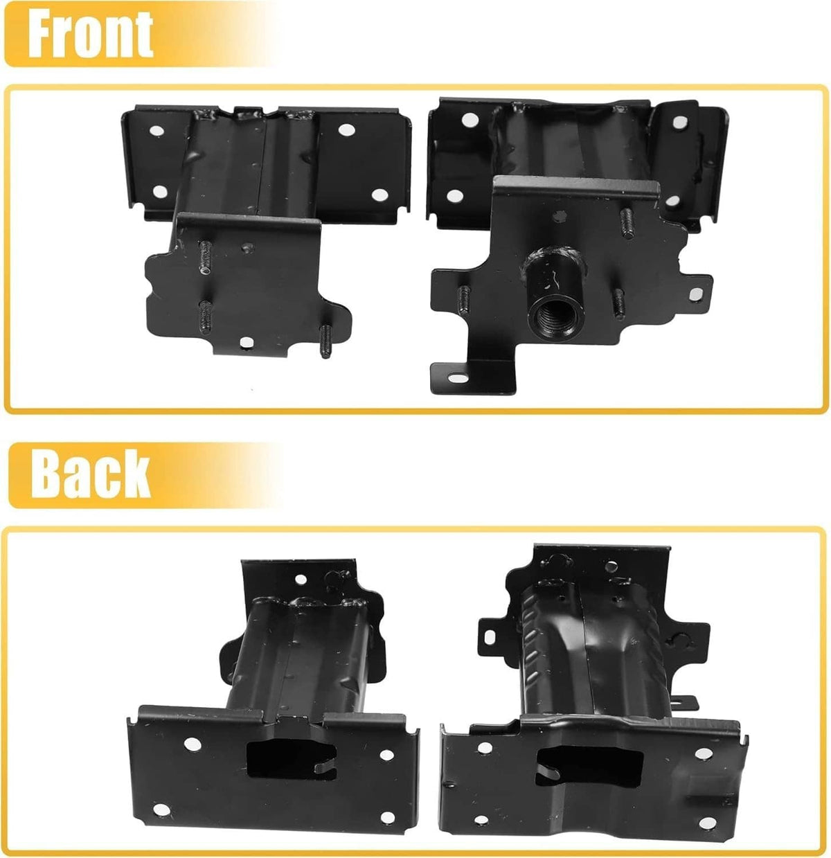 Front and back view of black bumper reinforcement brackets with bolt holes