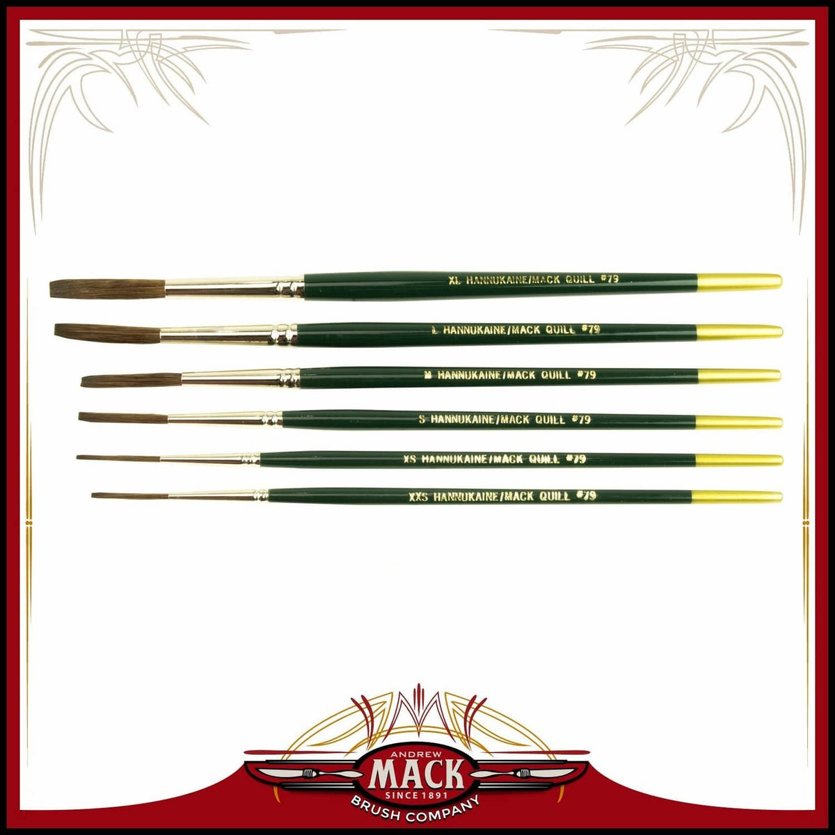 Quill brush set in retail pack, six HANNUKAINE/black quill brushes with yellow tips