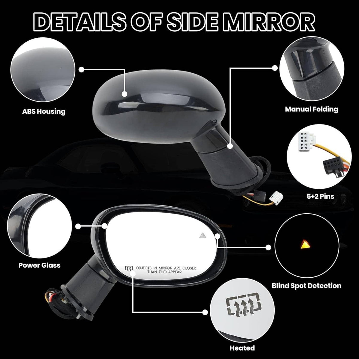 Passenger side mirror detail: heated power glass, manual folding, blind-spot detection