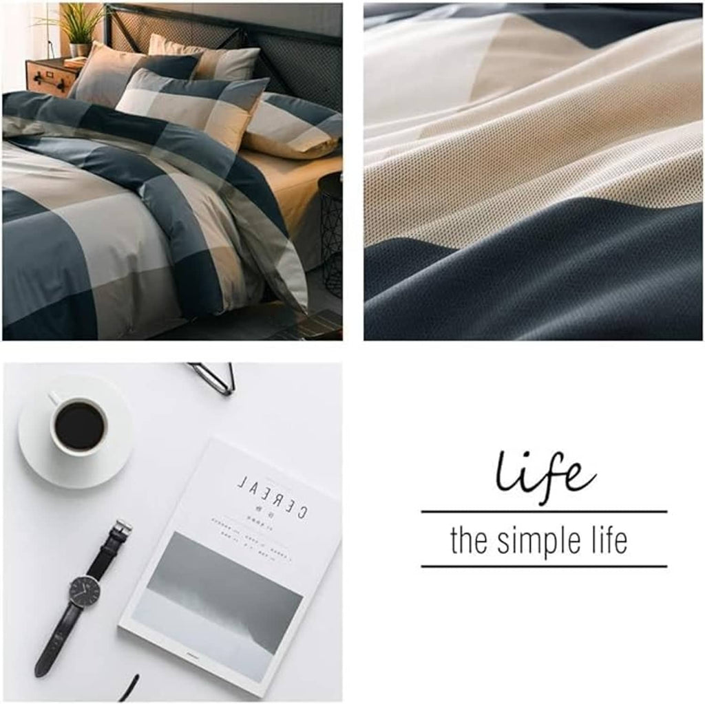 Comforter set with navy and white checkered bedding and close-up fabric texture