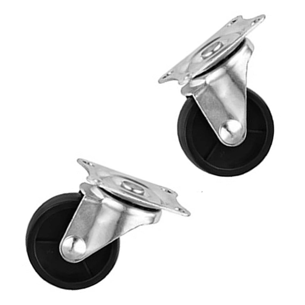 Pair of swivel caster wheels with black rubber tires and metal top plates