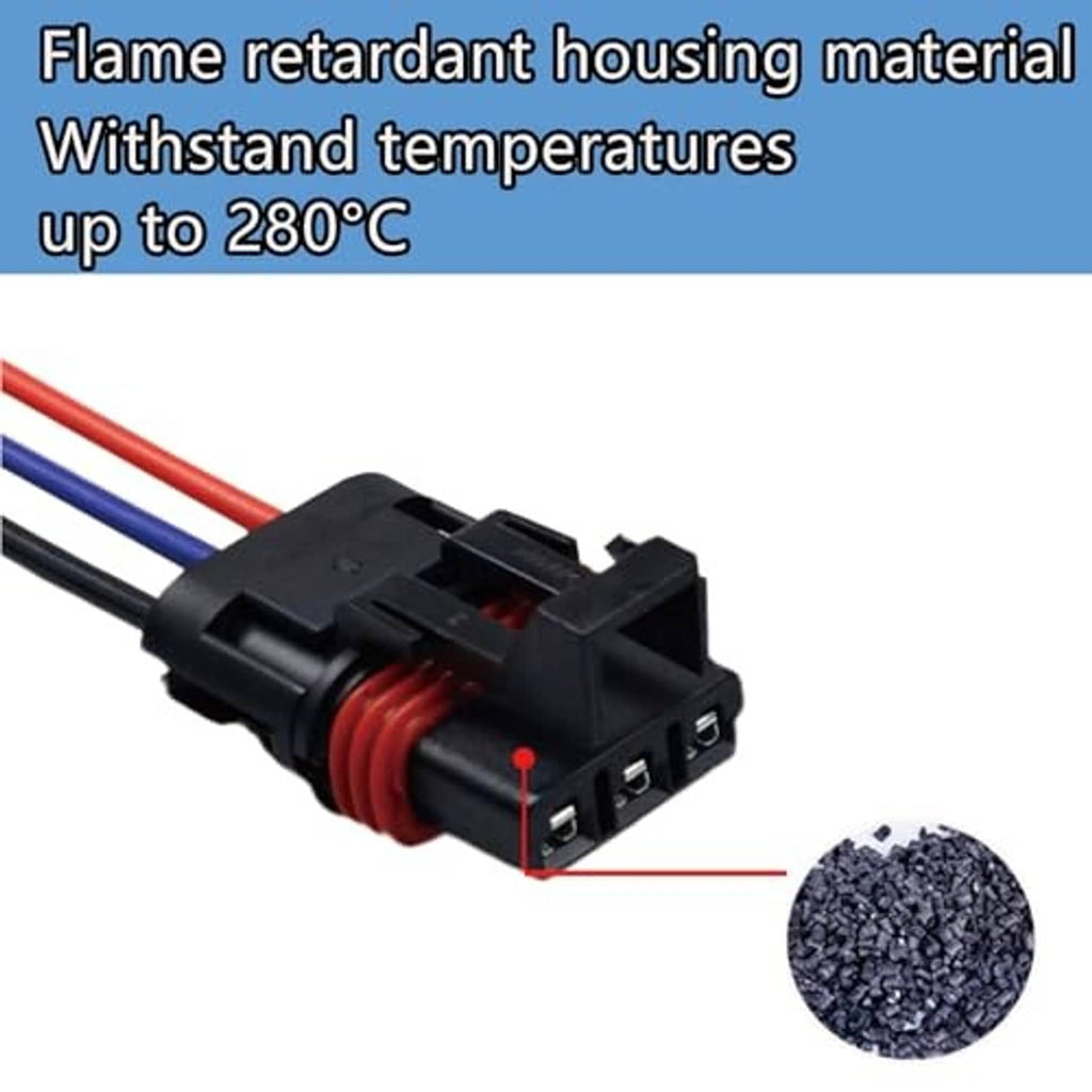 Black pulse power plug with flame-retardant housing and red/blue wire leads, close-up