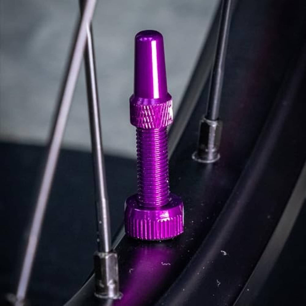 Purple knurled aluminum Presta tubeless valve stem mounted on bicycle rim