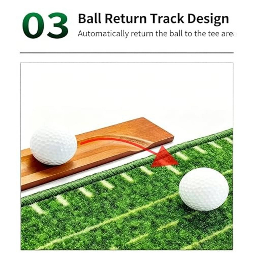 Golf putting mat ball return track with green turf and wooden surface channel