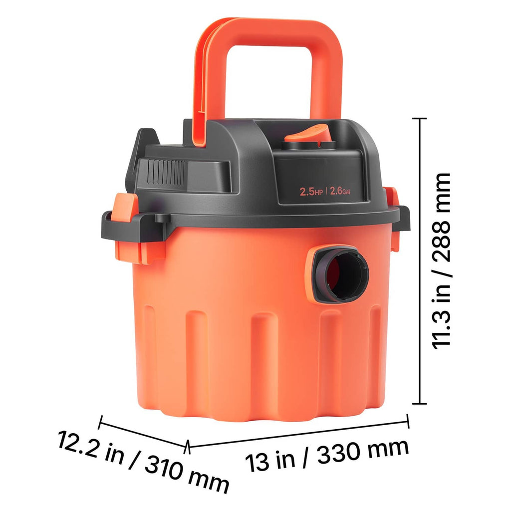Front view of orange shop vacuum canister with black top housing and side intake