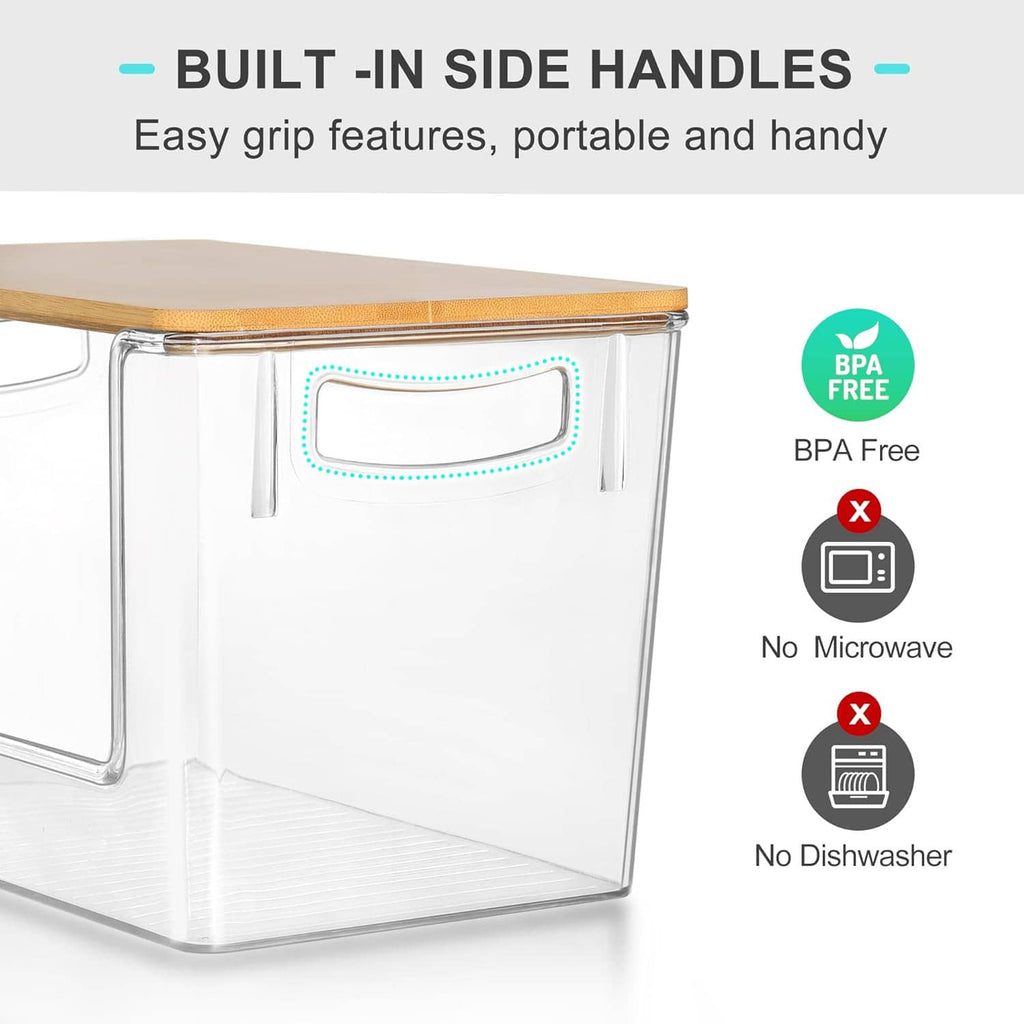 Clear storage bin with bamboo lid and built-in side handles for easy grip