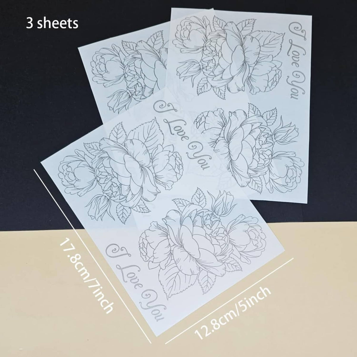 Three floral “I Love You” foil transfer sticker sheets with outline designs