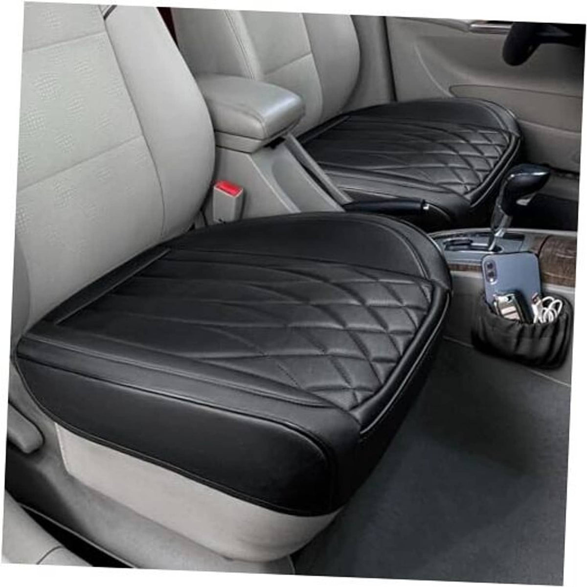 Black quilted leather-look front car seat bottom covers, 2-pack with stitched edges