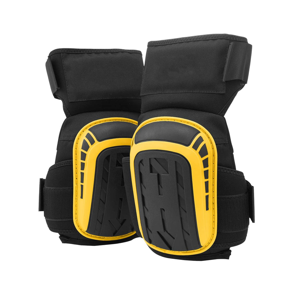 Black foam knee pads with yellow hard-shell guards and adjustable straps