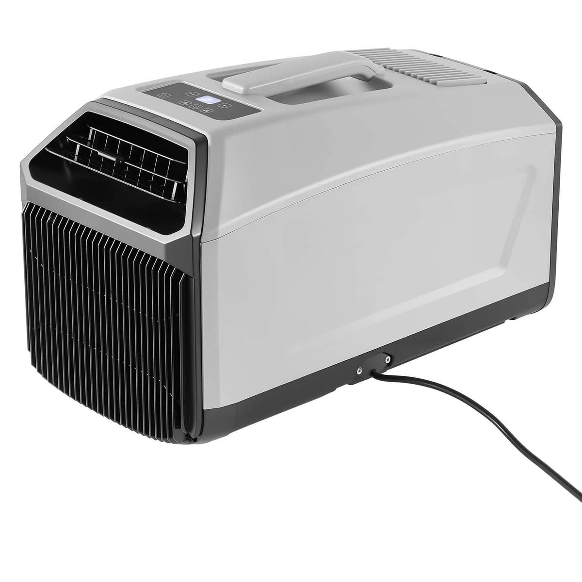 Portable tent air conditioner with built-in controls, exhaust vent, and attached black hose.