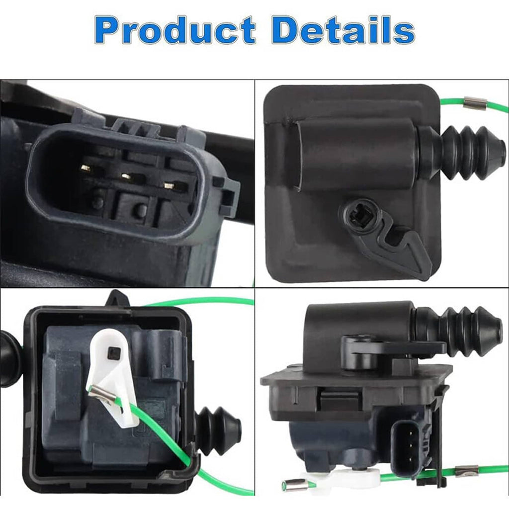 Fuel door actuator assembly detail view, black housing with green wire connector