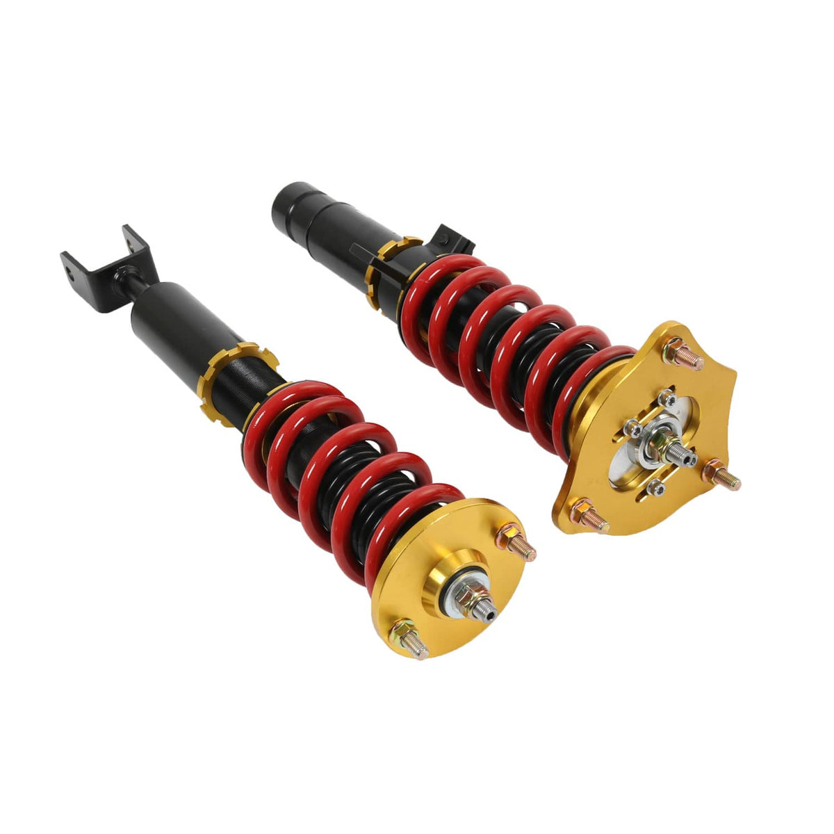 Coilover suspension pair with red springs, black shocks, gold top plates and studs