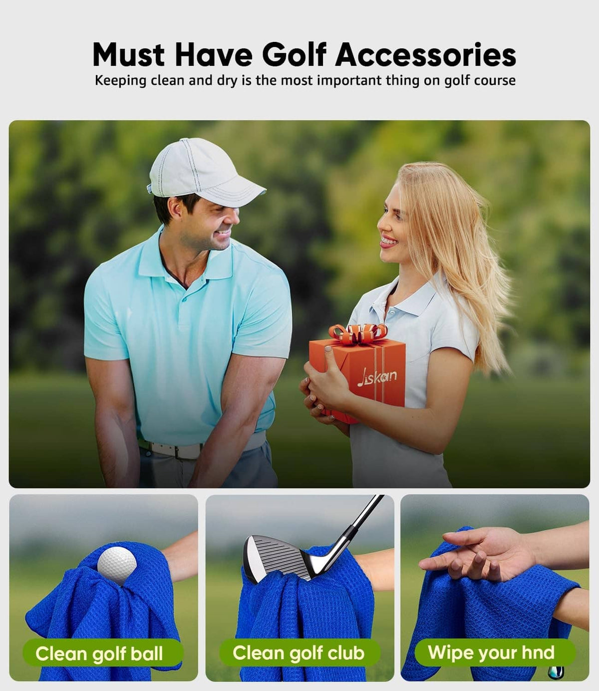 Set of blue Jiskan golf club towels with carabiner clips for cleaning and wiping