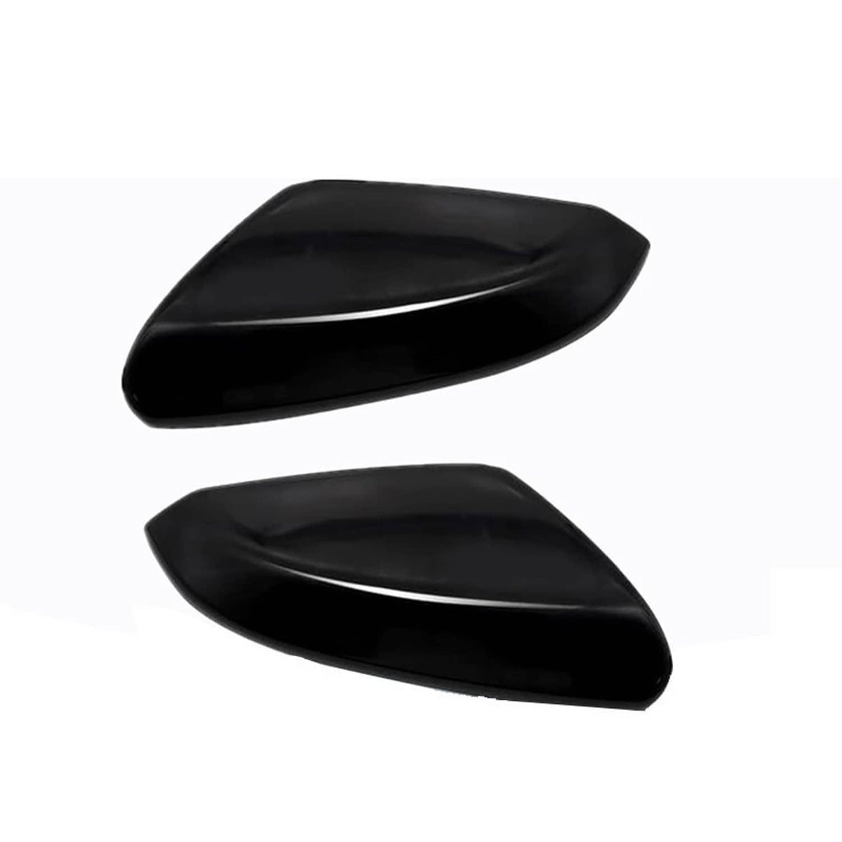 Pair of glossy black mirror cap covers with sleek contoured top