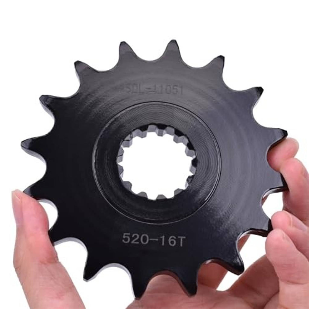 Black 520 front drive sprocket held in hands, 16 teeth (520-16T) and center splines