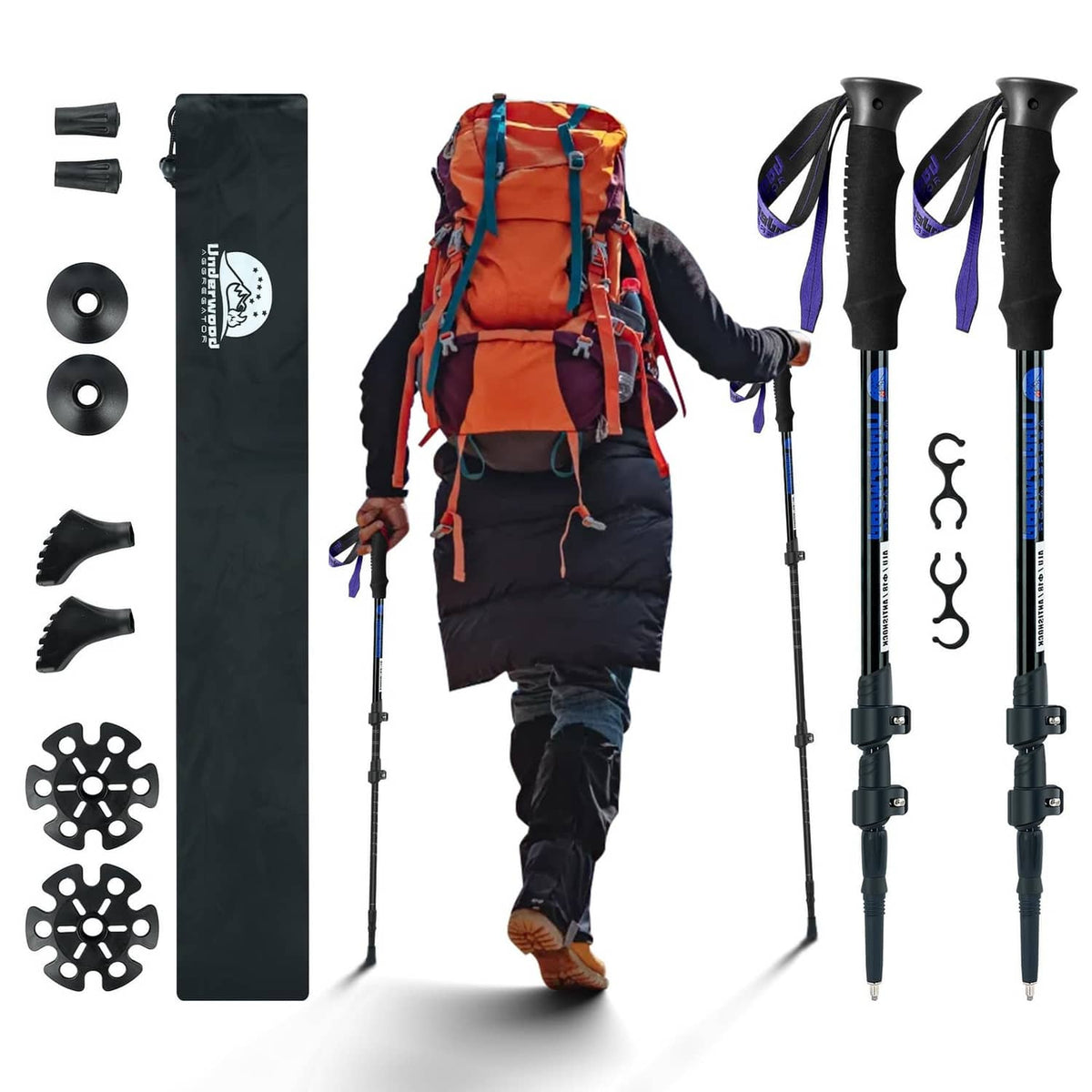 Pair of black trekking poles with flip-lock adjustment, plus carrying bag and tips