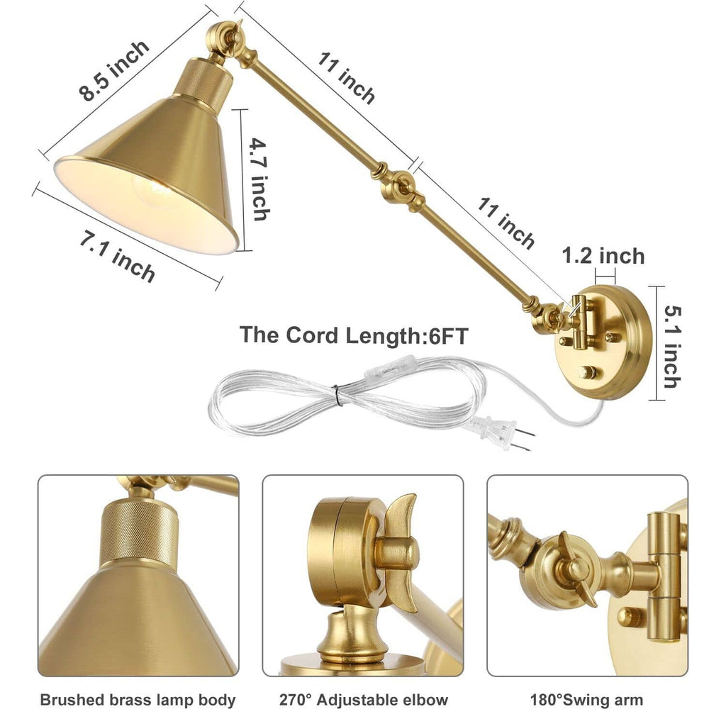 Brushed brass wall sconce dimensions with adjustable arm and plug cord length 6ft