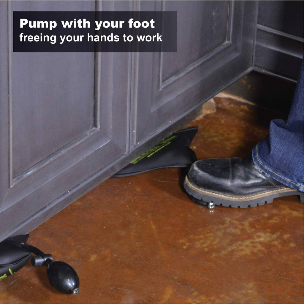 Inflatable AirShim pry bar and leveling tool with foot-pump style bulb