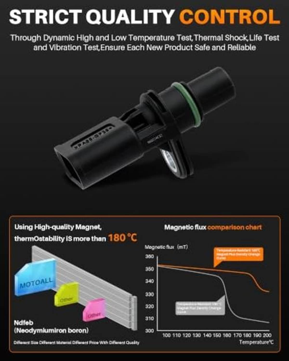 Black camshaft position sensor angled view with green seal ring