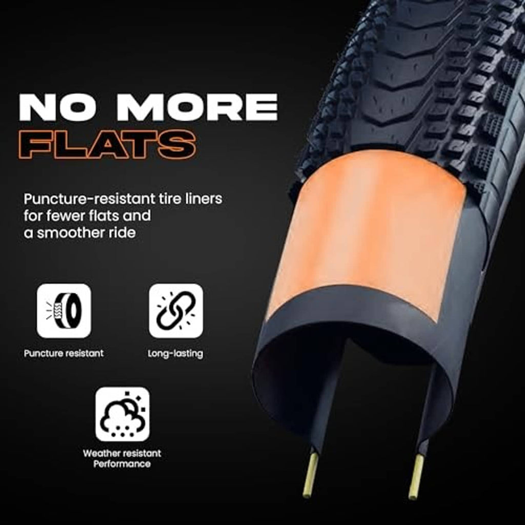 Orange puncture-resistant bike tube liner fitted on a black tire tread.