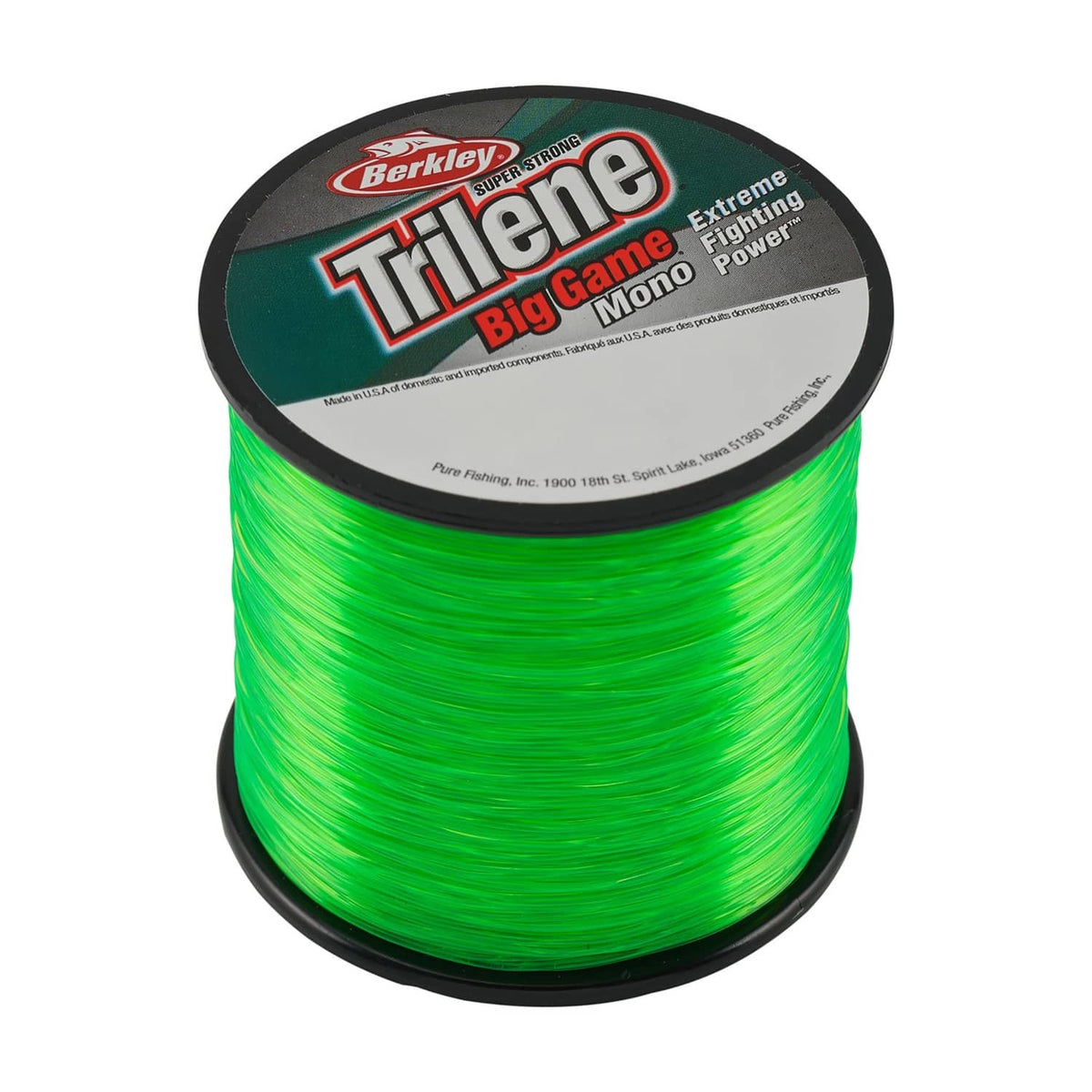 Fishing line spool of neon green monofilament with Berkley Trilene Big Game label