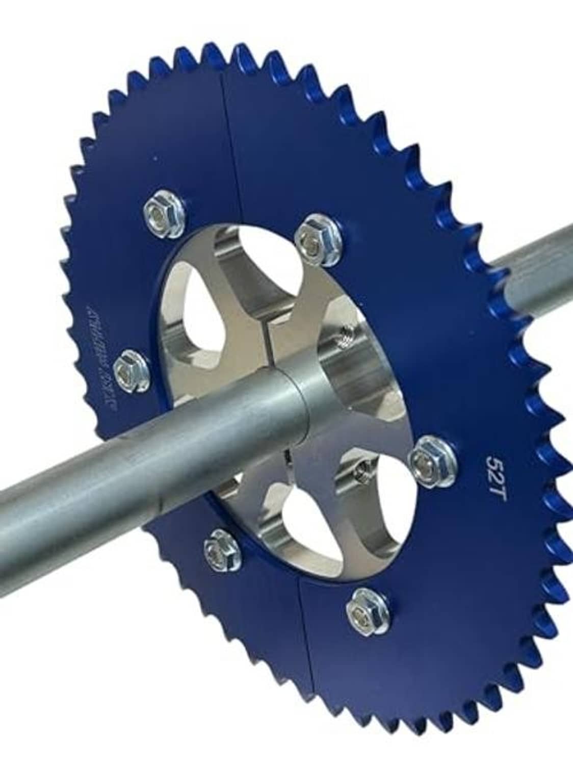 Blue aluminum split sprocket on axle with silver clamp bolts and 40T marking