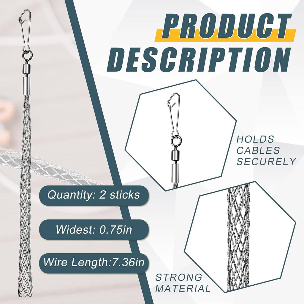 Two wire pulling grip mesh cable pullers shown with hook loop ends and steel wire
