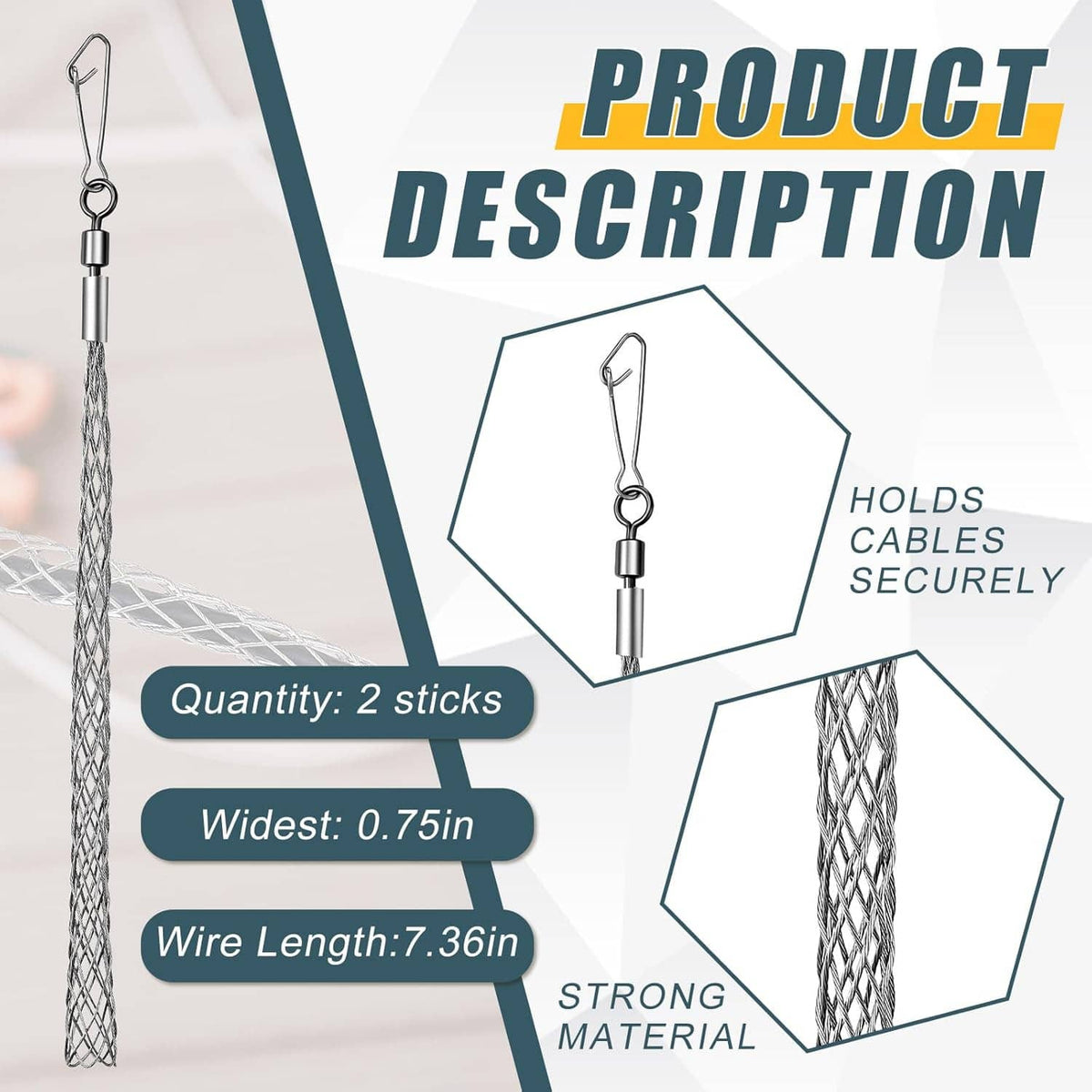 Two wire pulling grip mesh cable pullers shown with hook loop ends and steel wire