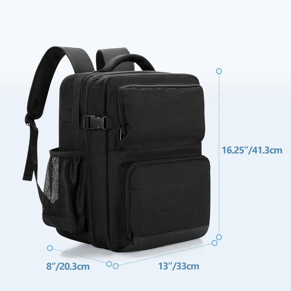 Black projector backpack with front compartment, padded shoulder straps, and mesh side pocket.