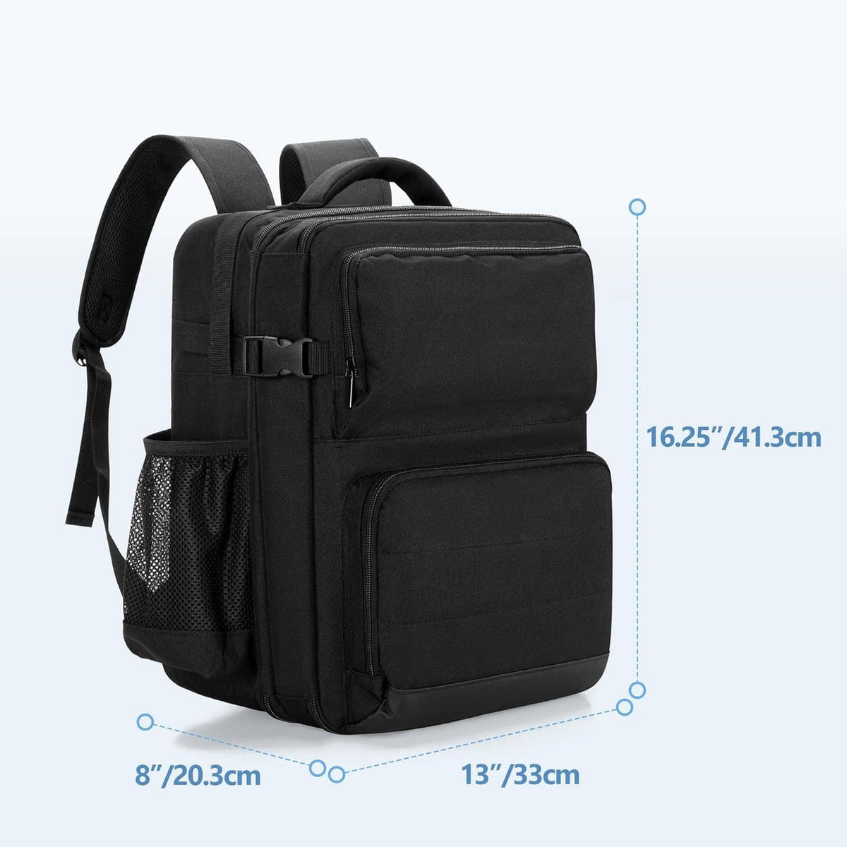 Black projector backpack with front compartment, padded shoulder straps, and mesh side pocket.