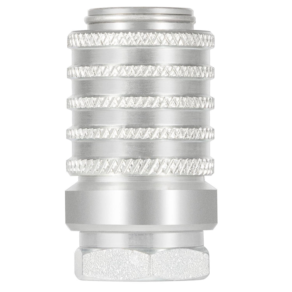 Steel quick coupler front view with knurled rings and female NPTF threaded port