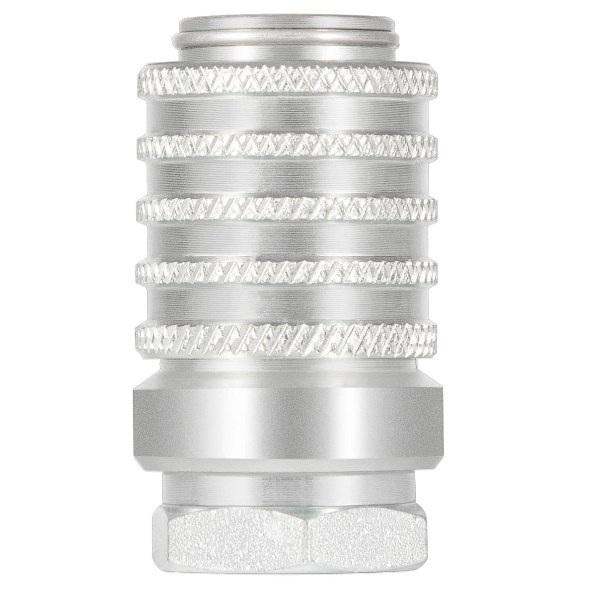 Steel quick coupler front view with knurled rings and female NPTF threaded port