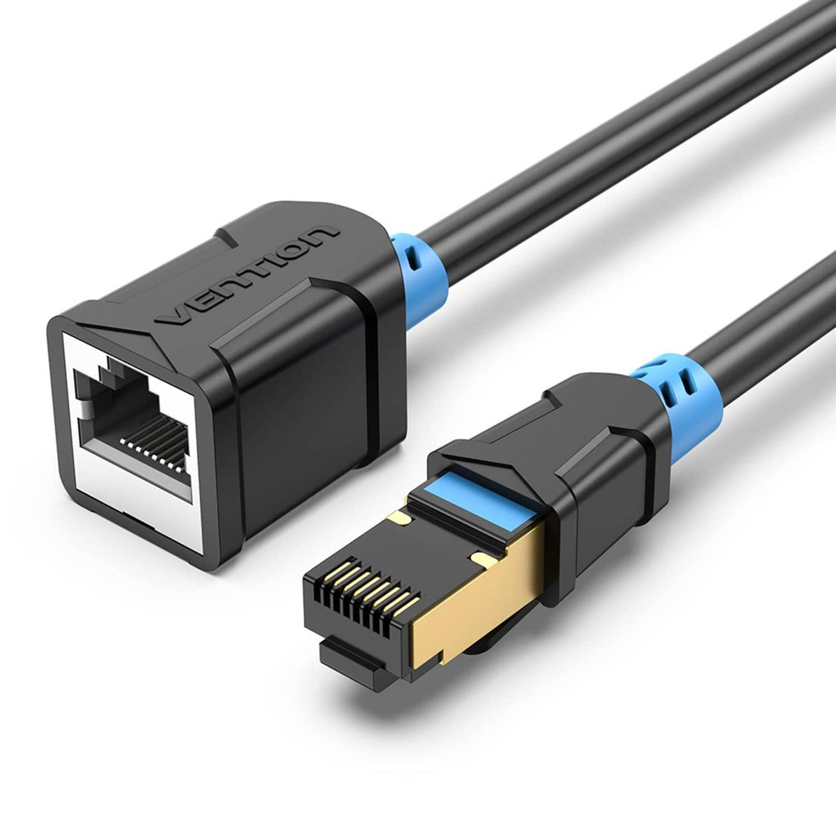 Black Cat 6 RJ45 extension cable connector set, male-to-female ports with blue latch