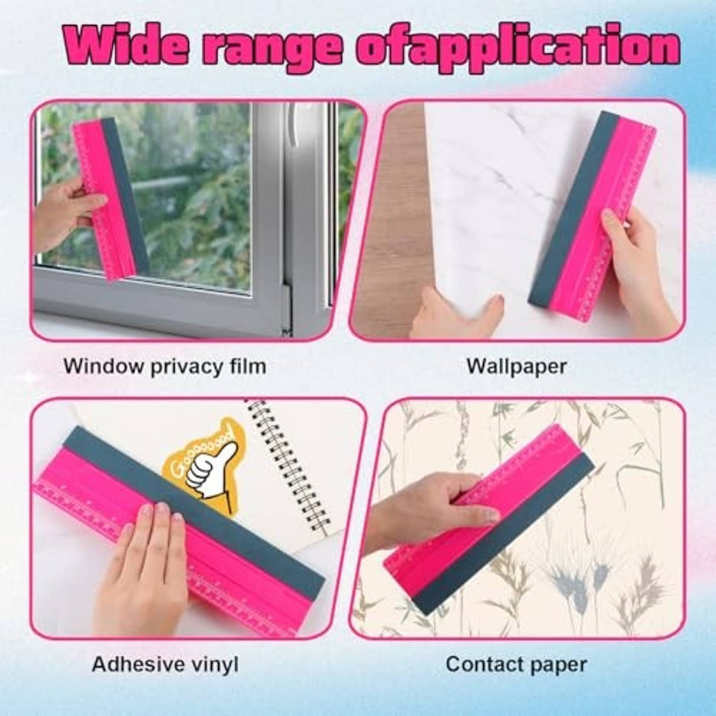 Pink squeegee with dark felt edge and ruler markings for adhesive film