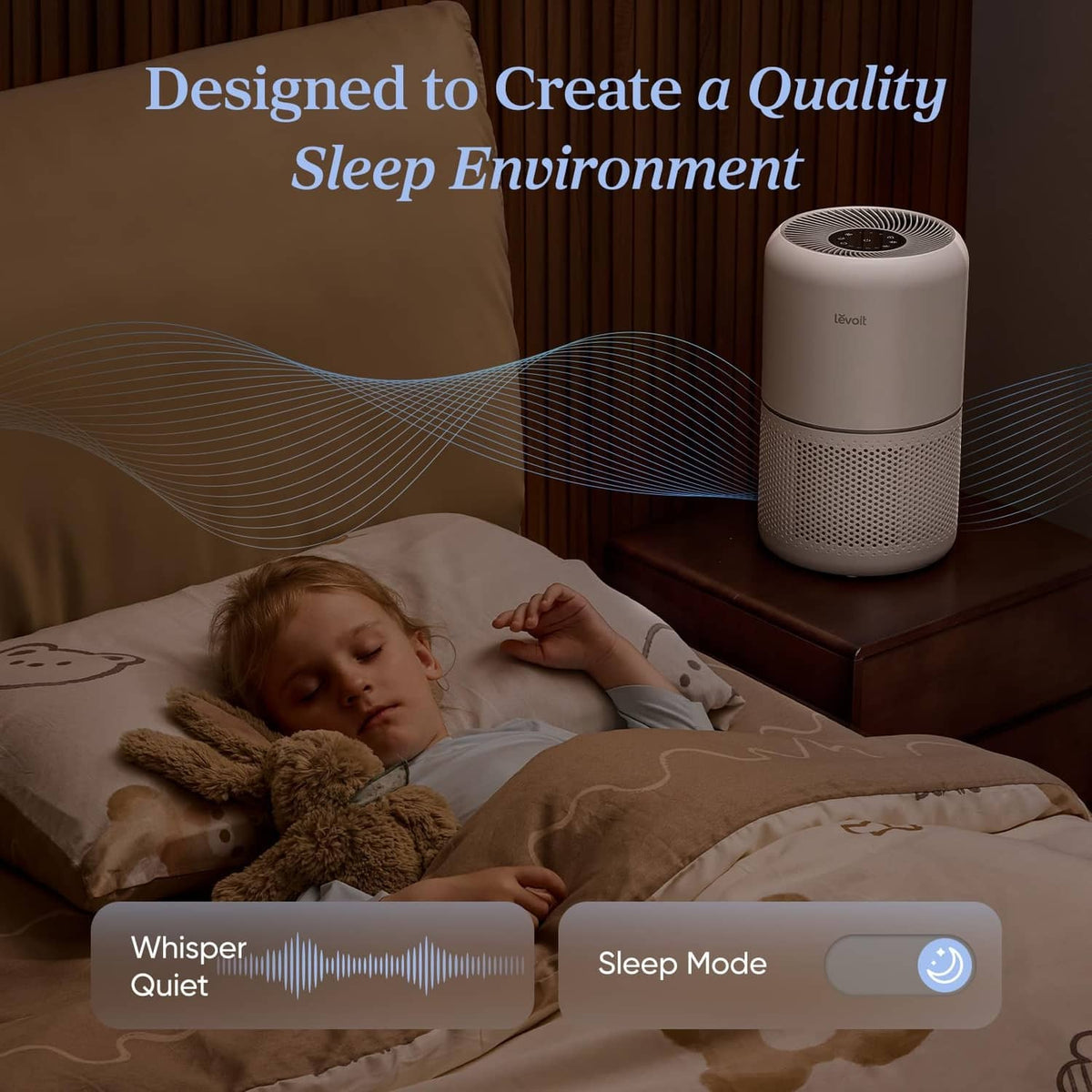 White air purifier on a bedside table near a sleeping area
