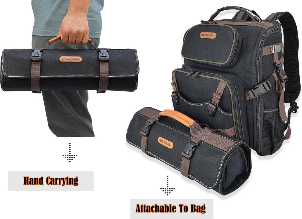Black waxed canvas tool roll with carry strap and attachable side bag