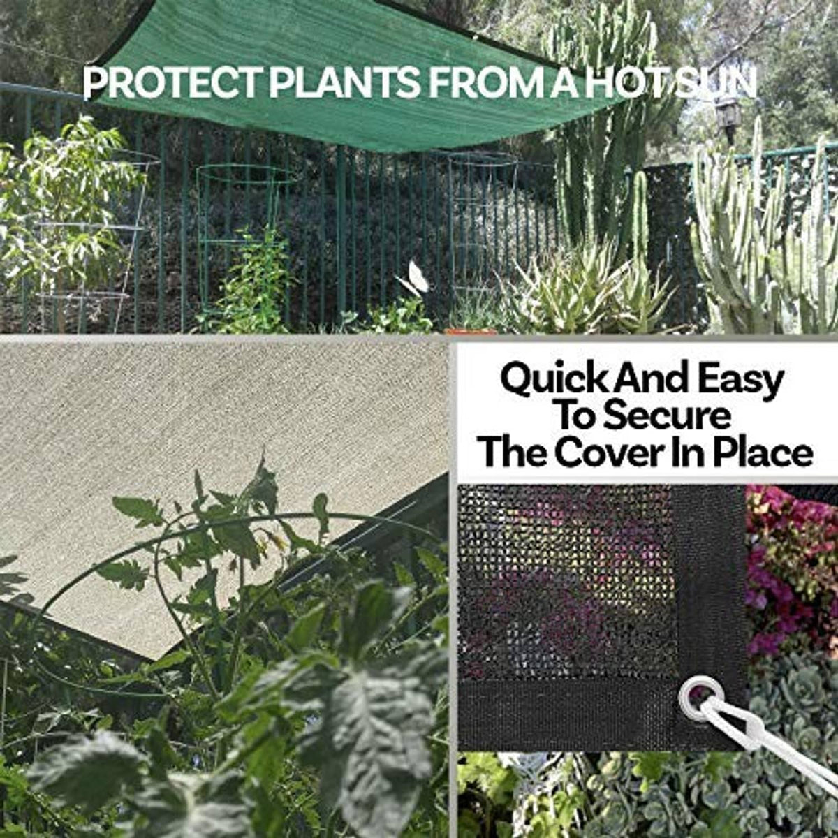Dark mesh shade cloth with reinforced black edge and attached securing cords