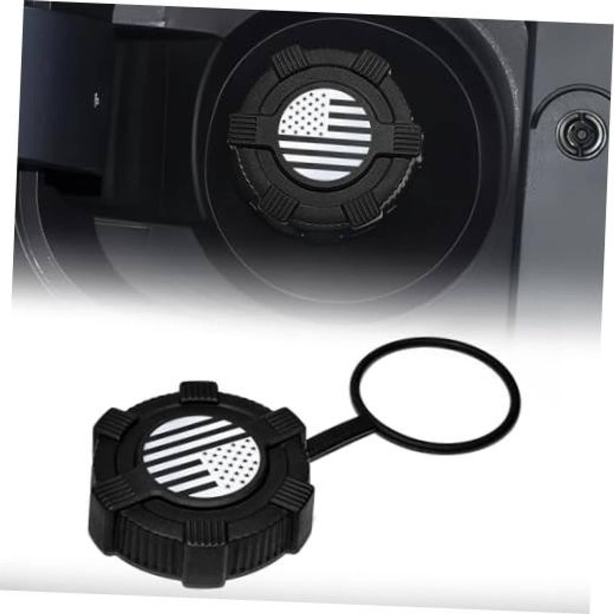 Black capless fuel filler dust cover with US flag emblem, tether loop attached