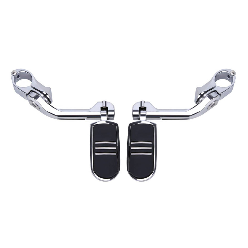 Chrome motorcycle foot peg set with black rubber pads and grooved tread centers