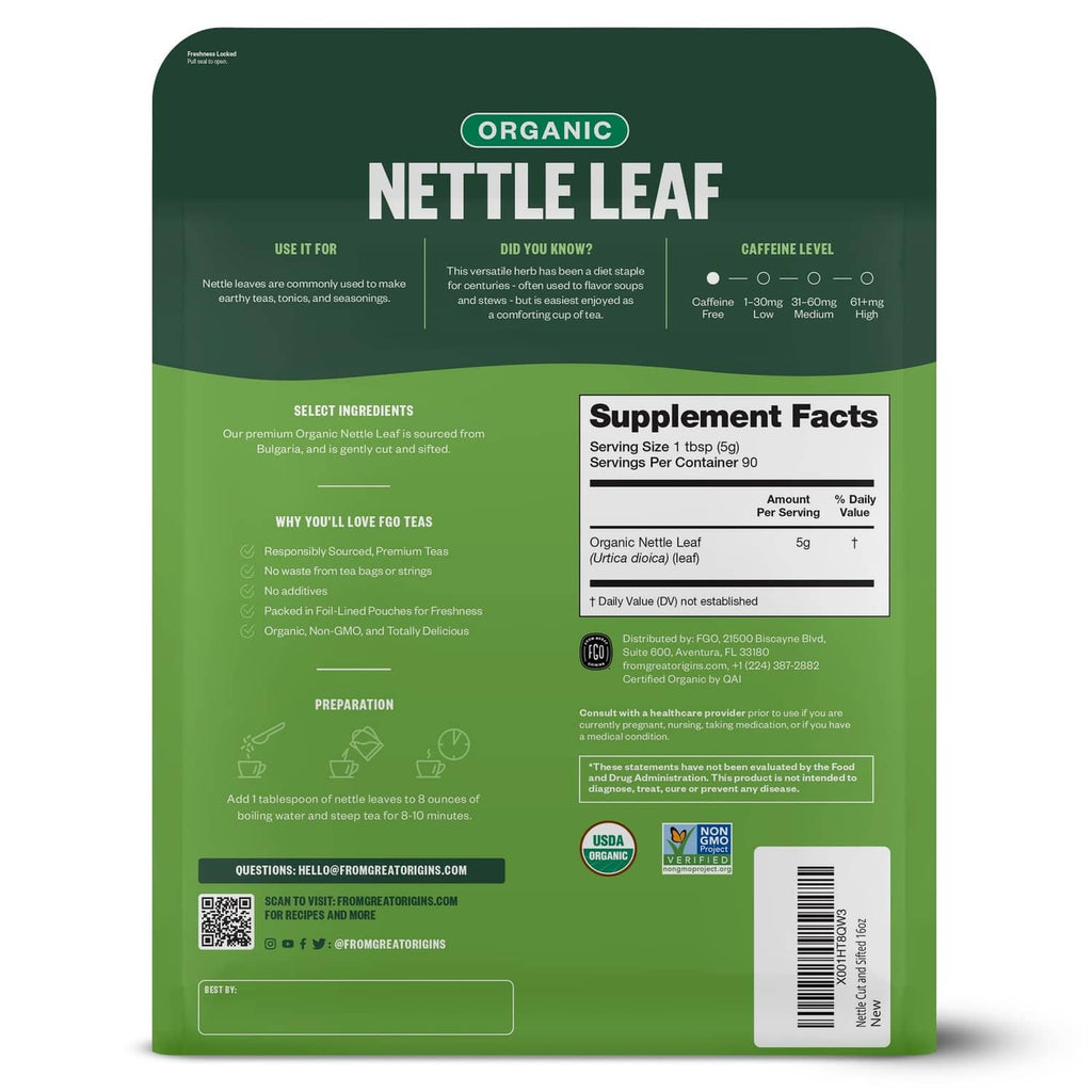 Organic nettle leaf tea pouch back with Supplement Facts and serving size info
