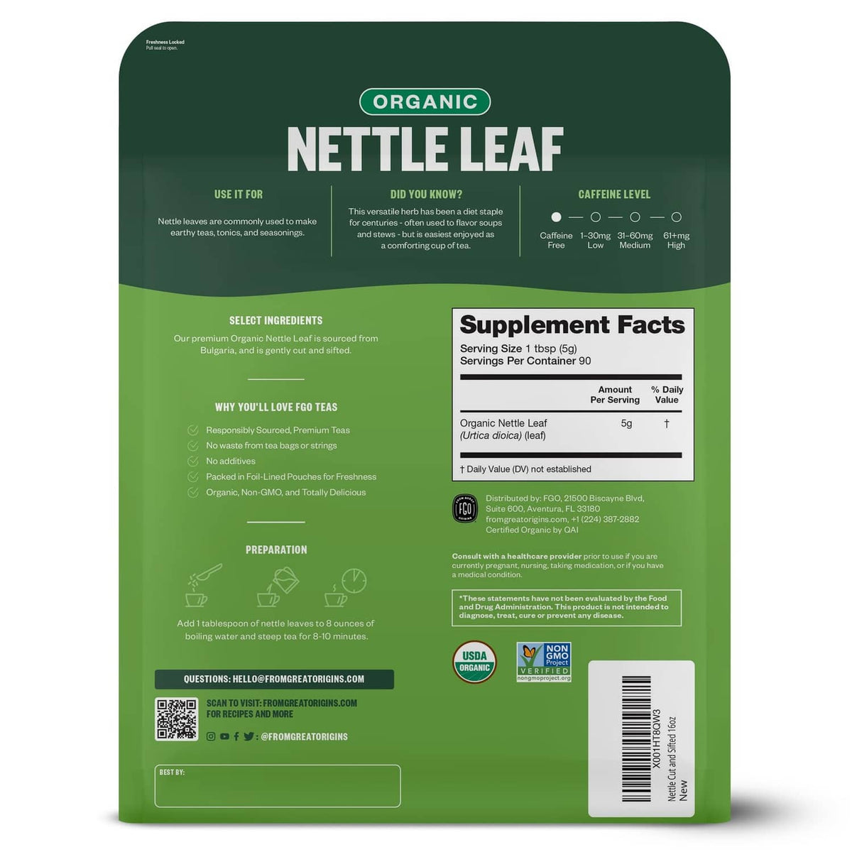 Organic nettle leaf tea pouch back with Supplement Facts and serving size info