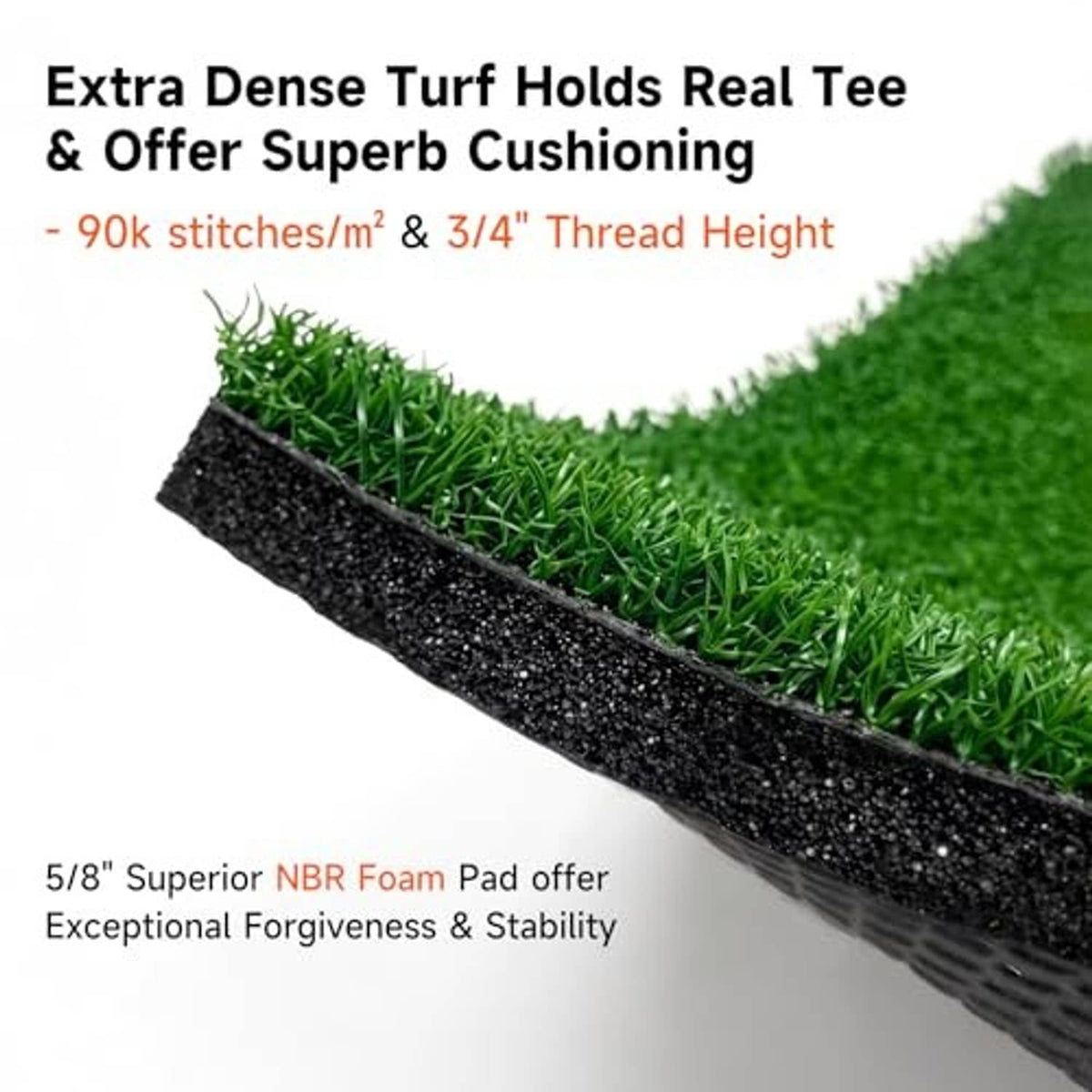 Green golf hitting mat with dense turf top and thick black backing layer