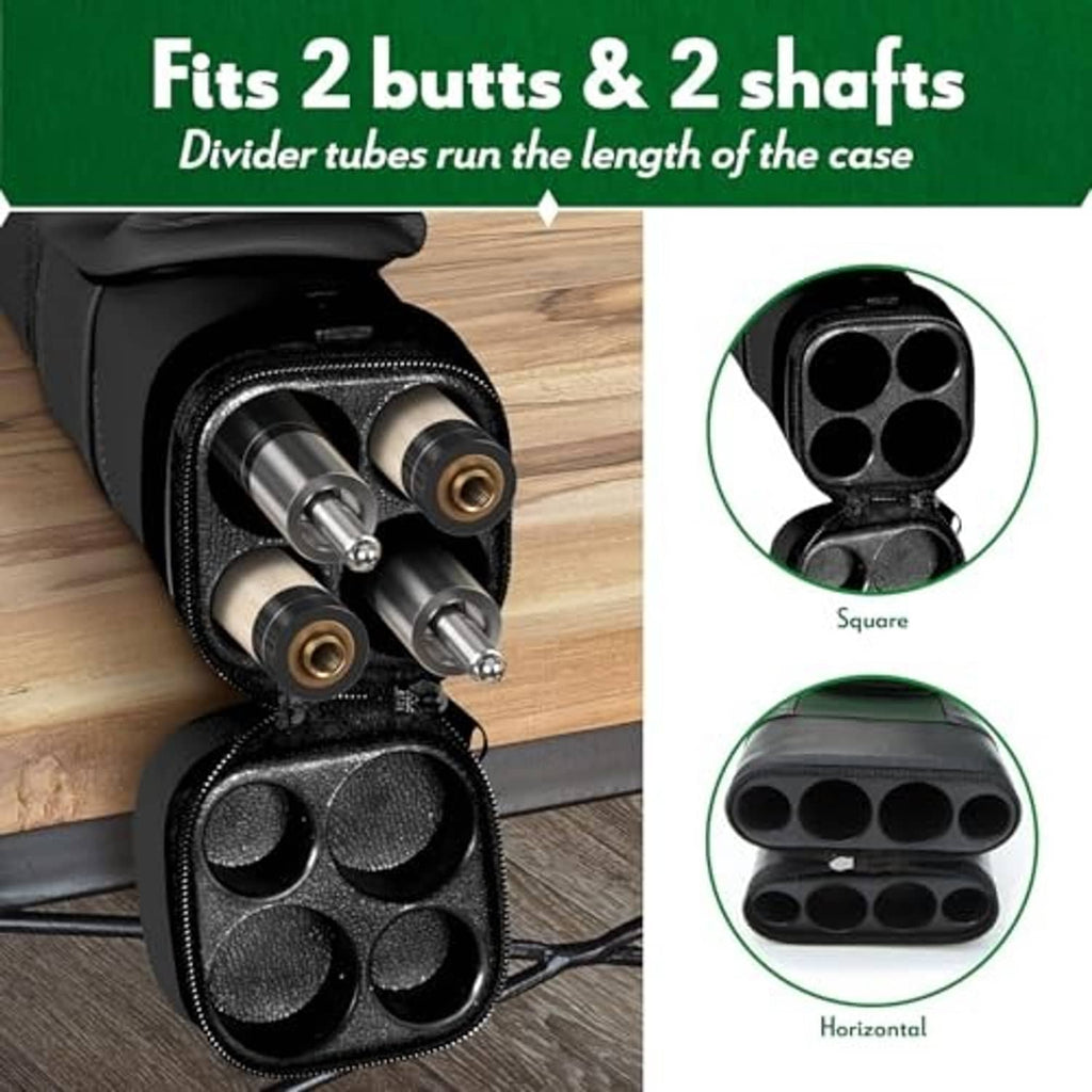Black hard pool cue case with interior divider tubes and multiple round storage slots