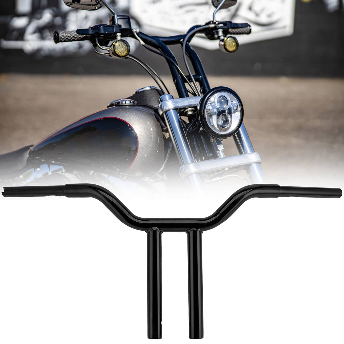 Black MX T-bar handlebar, 14 in rise, with straight grips and front headlight view
