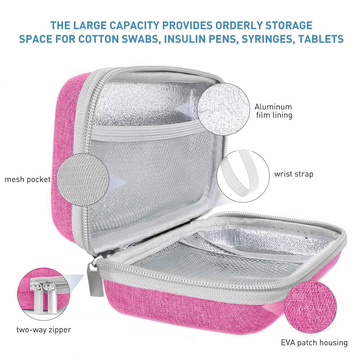 Pink insulin cooler travel case with aluminum film lining, mesh pocket, two-way zipper